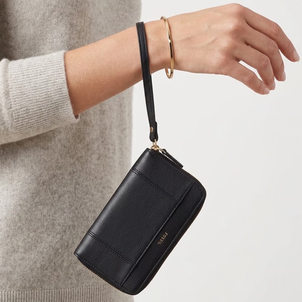 Fossil Logan Black Pebbled Leather Zip Around Clutch Wristlet Gold Hardware
